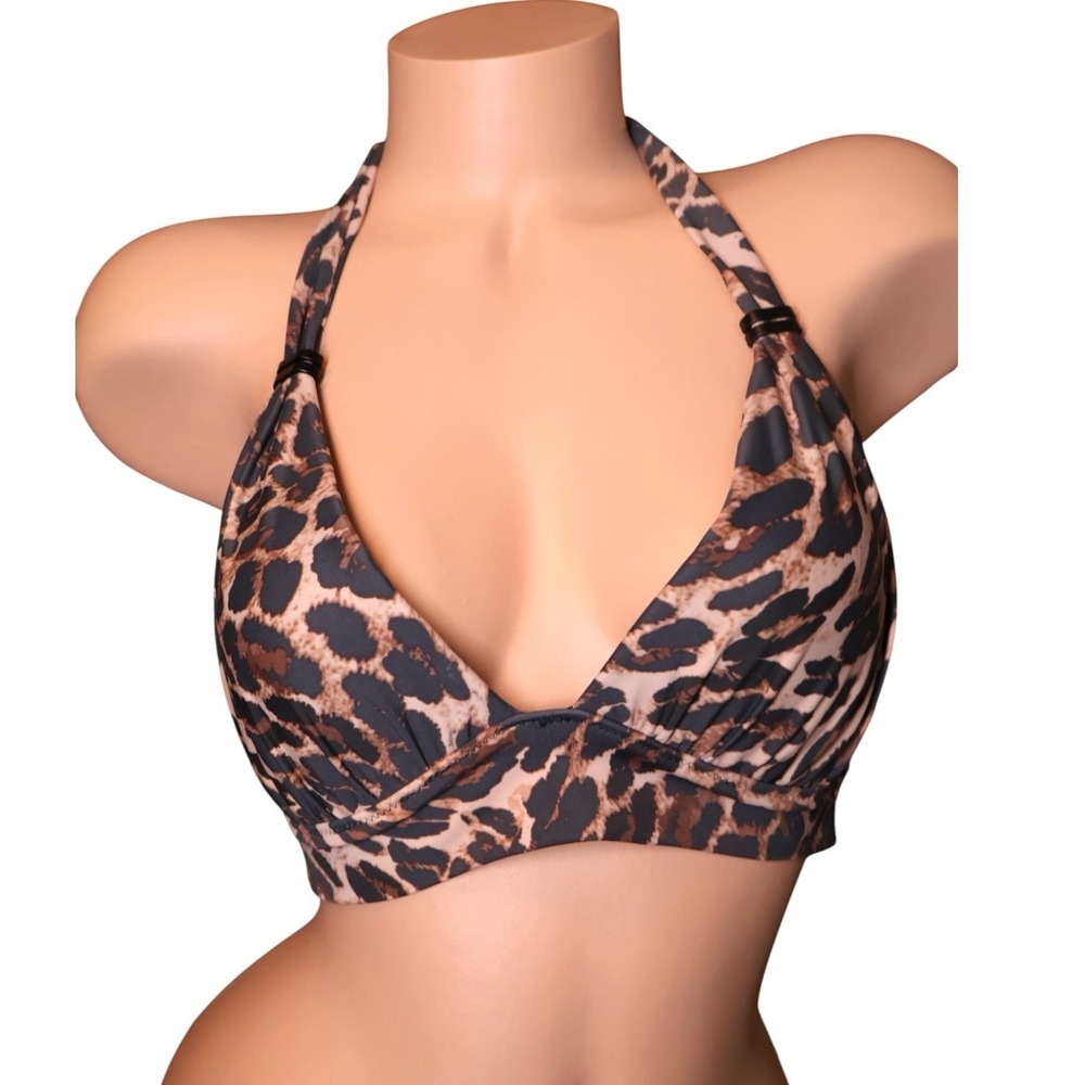 Bar III Beach Cheetah Plunge Halter Bikini Top XS Natural Tan Animal Print NWT